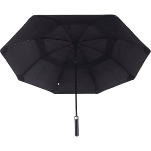 A black vented tipless golf umbrella featuring a sturdy handle and eight panels. It has branding on the handle.