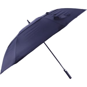 A navy blue vented tipless golf umbrella with a sturdy handle and a logo.