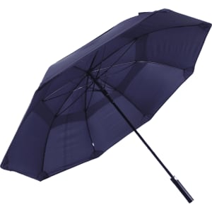A navy blue vented tipless golf umbrella with a sturdy frame and an ergonomic handle. Features branding.