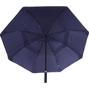 A navy blue vented tipless golf umbrella with a sturdy frame and a sleek design. It features a branding logo.