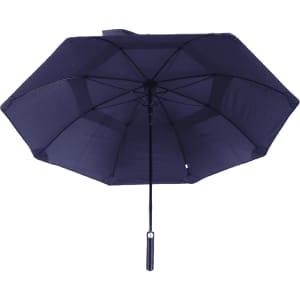 A navy blue vented tipless golf umbrella with a sturdy frame and handle, featuring a logo.
