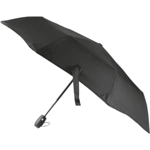 A black tipless umbrella with a sleek design, featuring a handle and a minimalist look. It has a branding logo.
