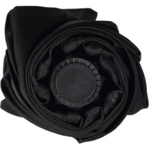 A black, tipless umbrella rolled neatly, featuring a circular handle at the centre. It includes a logo.