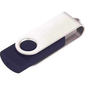 A silver and navy blue USB flash drive with a rotating design, featuring a logo. It has an 8GB capacity.