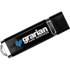 A black USB flash drive with a silver cap and a branding logo. It has a storage capacity of 4 GB.