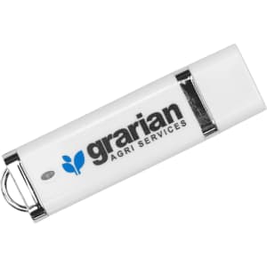 A white USB flash drive with chrome accents and a logo, featuring a capacity of 4 GB.