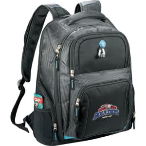 A black laptop backpack with padded straps, multiple compartments, and a logo. Features a mesh fabric design and blue accents.