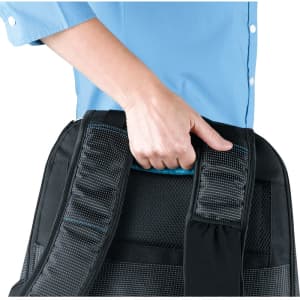 A black laptop backpack with padded straps, being held by a hand. The design includes mesh detailing.