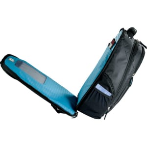 A black and teal backpack with a zipped compartment and a transparent pocket, designed for laptops.