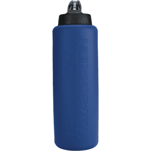 A drink bottle in navy blue with a textured grip and a black lid. It features a logo on the side.