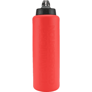 A drink bottle in vibrant red with a black lid and a textured surface featuring branding.