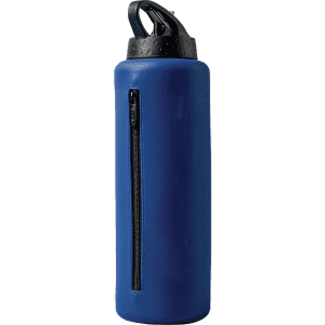 A drink bottle in navy blue with a textured black lid and a zippered compartment on the side.