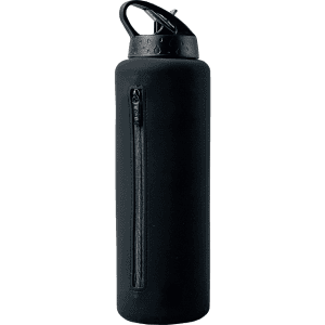 A drink bottle in black with a zippered compartment and a flip-top lid, featuring a logo.