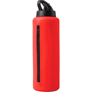A drink bottle in vibrant red with a black lid and a zippered compartment. It features a logo on the side.
