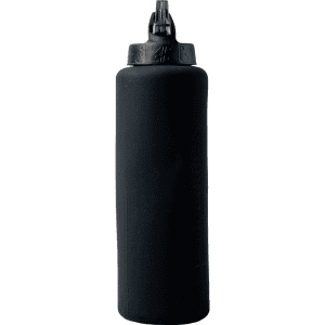 A drink bottle in matte black with a textured grip and a flip-top spout, featuring a logo on the side.