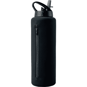 A drink bottle in black with a zippered section, featuring a spout and carrying handle. It has a logo on the body.