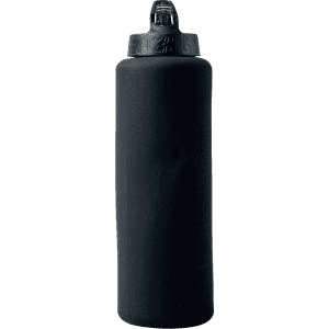 A black drink bottle with a screw-on lid and a fitted grip. It features a logo on the side.