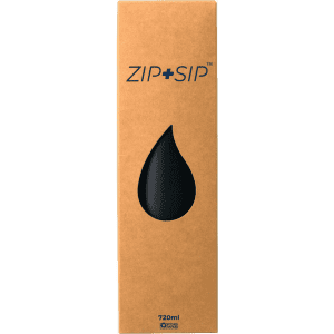 A drink bottle in a sleek black finish, presented in a brown cardboard box with a logo. Capacity of 720ml.