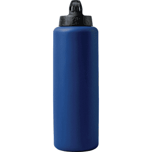 A drink bottle in a deep navy blue colour with a black lid and a logo on the cap.