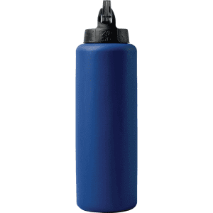 A drink bottle in a deep blue colour with a black cap and a built-in spout. It features a logo on the body.
