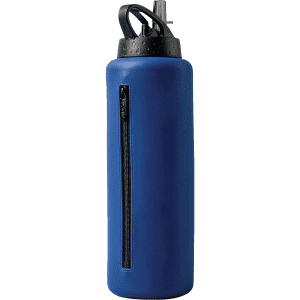 A drink bottle in navy blue with a textured black lid and a zippered compartment. It features a logo on the side.