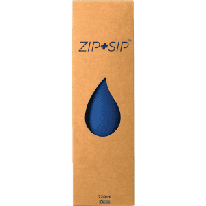 A drink bottle in blue, packaged in a brown box with a logo and a water droplet design. Holds 720ml.