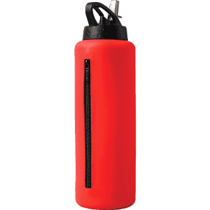 A drink bottle in vibrant red, featuring a black lid and a zippered compartment. It includes a straw for easy sipping.