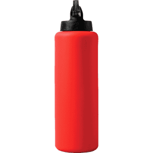 A drink bottle in bright red with a black cap and a logo. Suitable for various beverages.