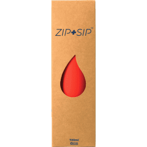 A drink bottle in a bright red colour, presented in a cardboard box with a logo and a drop-shaped cutout.