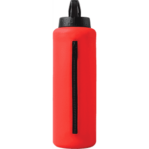 A drink bottle in bright red with a black lid and a zippered section. Features a logo on the side.