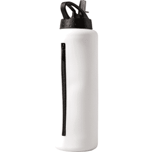 A drink bottle with a sleek white body, a black lid, and a zippered compartment. It features a logo.