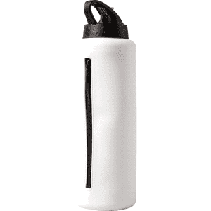 A drink bottle in white with a black zip and a black lid, featuring a logo on the side.