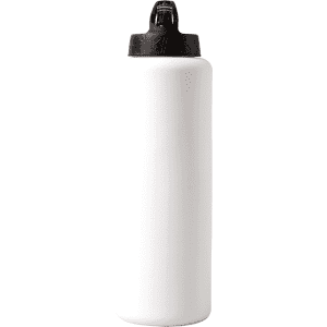 A drink bottle in white with a black cap and a logo. Suitable for various beverages.