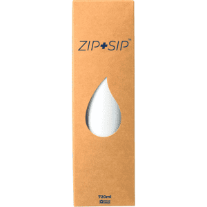 A drink bottle in a white finish, packaged in a brown box with a cut-out design and a logo.