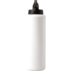 A drink bottle in white with a black nozzle cap and a logo on the side.