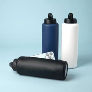 A drink bottle collection featuring navy, white, and black options, with a logo on each bottle.