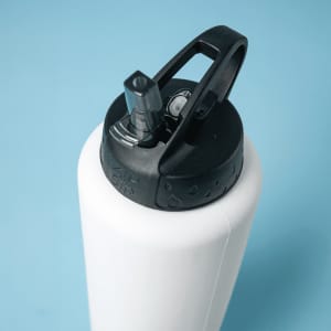 A drink bottle in white with a black screw-top lid and a spout, featuring a logo on the lid.