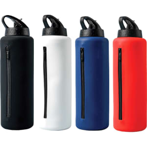 A drink bottle with a sleek design, available in black, white, blue, and red, featuring a zippered section and a lid.