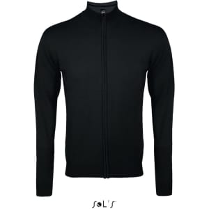 A black zippered cardigan made from a cotton and acrylic mix, featuring long sleeves and a fitted design.