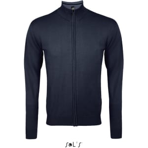 A navy zippered cardigan made from a cotton and acrylic mix, featuring a simple design and logo.