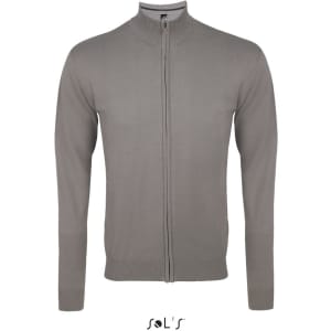 A zippered men's cardigan in a light grey cotton and acrylic mix, featuring a stand-up collar and long sleeves.