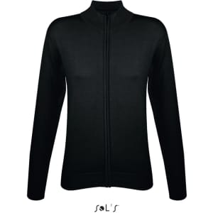 A black zippered cardigan for women, made from a cotton acrylic mix, featuring a fitted design and long sleeves.