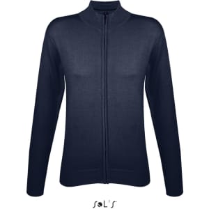 A navy zippered cardigan for women made from a cotton-acrylic mix, featuring long sleeves and a fitted design.