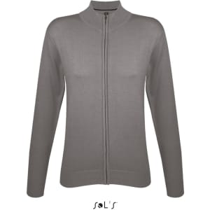 A grey zippered women's cardigan made from a cotton acrylic mix, featuring a fitted design and long sleeves.