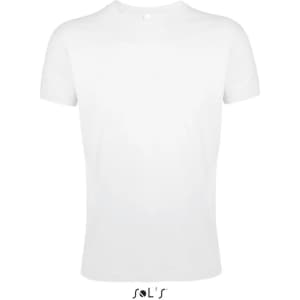 A white men's T-shirt made of 100% semi-combed ring-spun cotton, featuring a branding logo.
