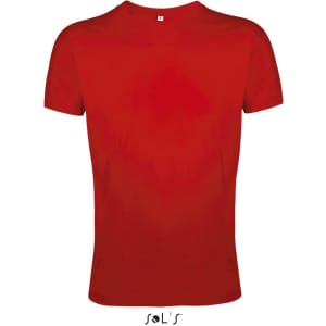 A red men's T-shirt made from 100% semi-combed ring spun cotton, featuring a logo on the front.
