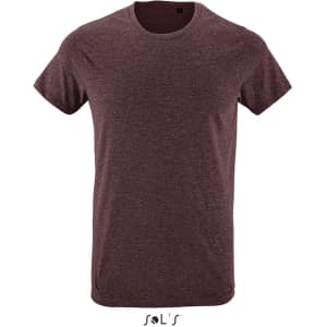 A maroon men's T-shirt made from 100% semi-combed ring-spun cotton, featuring a logo.