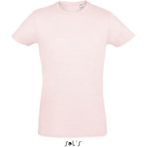A light pink T-shirt made from 100% semi combed ring spun cotton, featuring a logo.