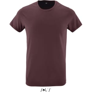 A maroon T-shirt made from 100% semi-combed ring-spun cotton, featuring a simple design and a brand logo.