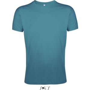 A turquoise T-shirt made from 100% semi-combed ring-spun cotton, featuring a logo at the bottom.